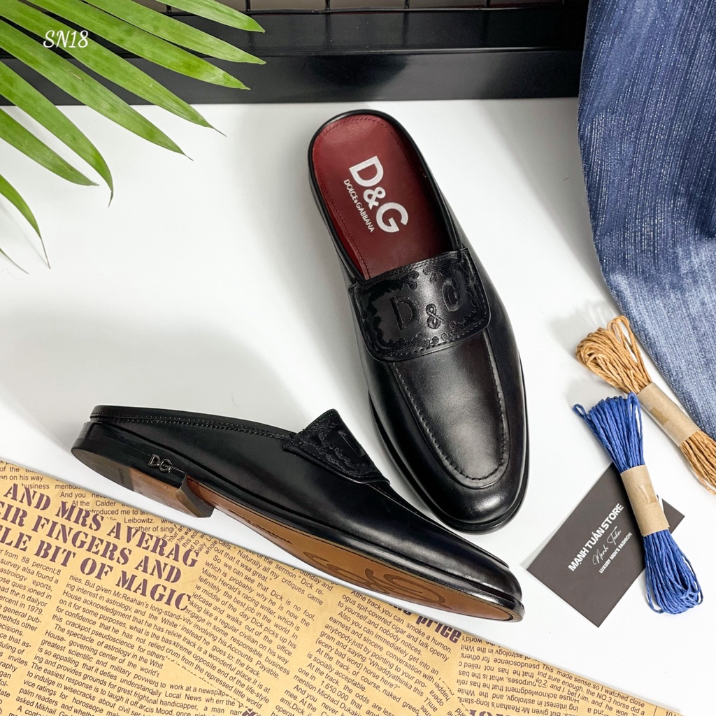 Sục nam cao cấp - Giày mules D&G nam SN18 Da bò nguyên miếng, đế gỗ sồi cùng quai kim loại cực kì sang trọng