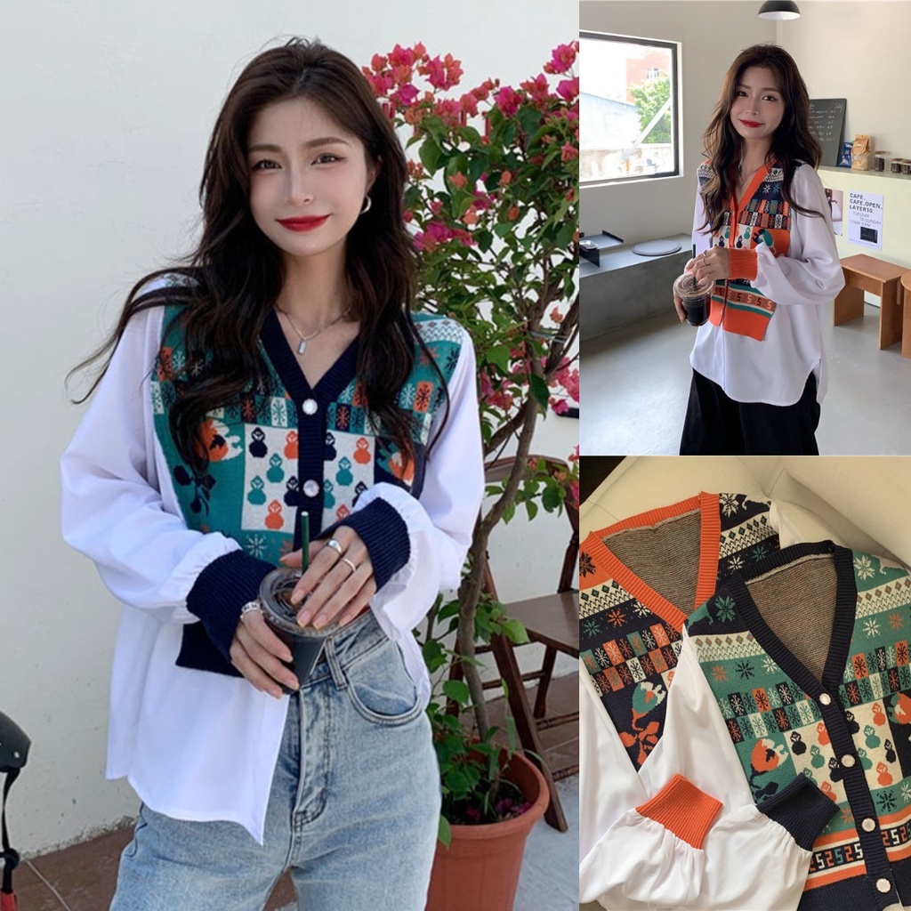 Áo dệt kim nữ tay dài giả hai lớp hàng mới