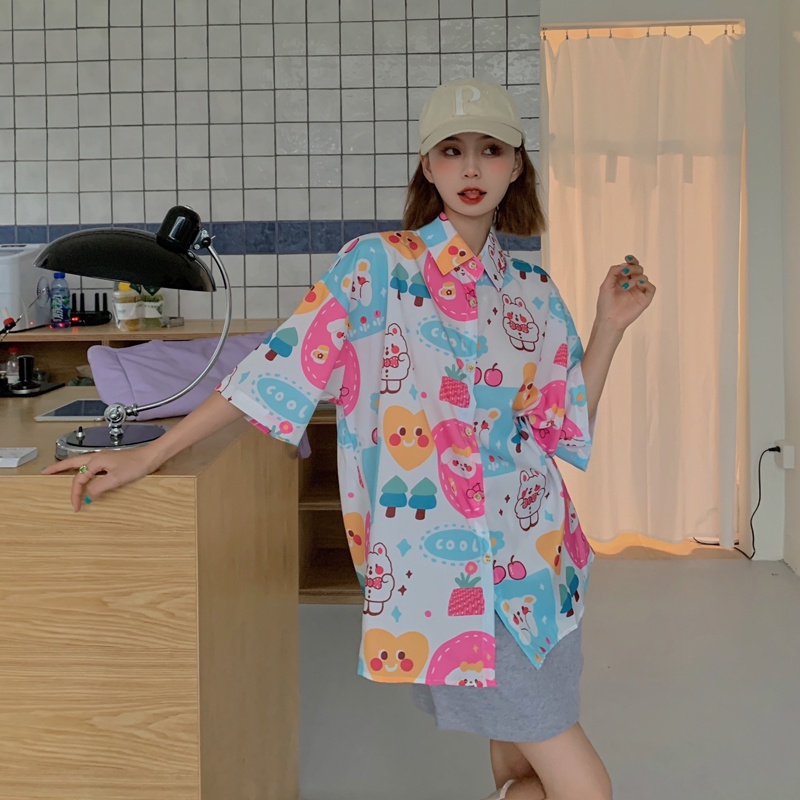 Áo Sơ Mi Tay Ngắn Dáng Rộng In Họa Tiết Dễ Thương Thời Trang Mùa Hè Cho Nữ