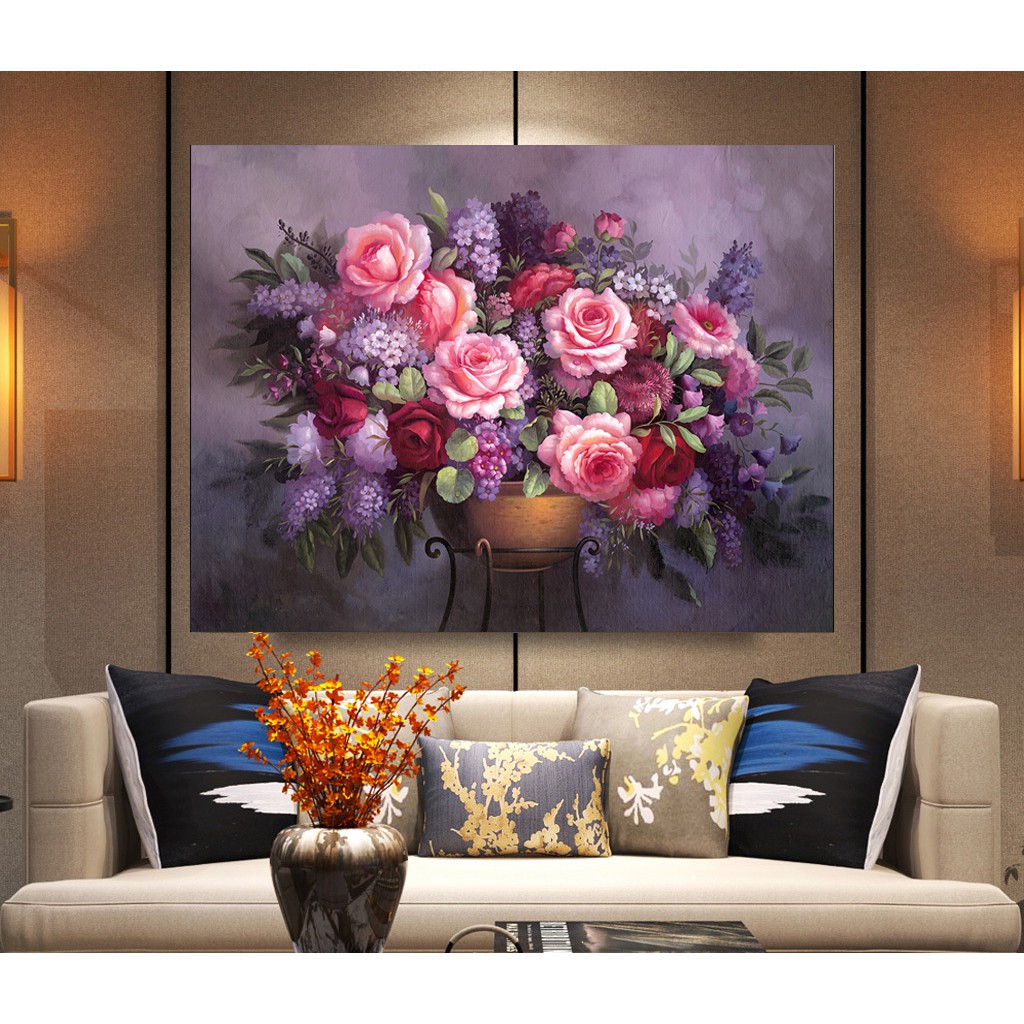 Tranh canvas treo tường tĩnh vật bình hoa ngọc lan, huệ tây sang trọng nhiều mẫu LIN - 65 x 50 cm