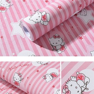 (tặng dụng cụ) combo10m giấy dán tường Hello Kitty sọc hồng