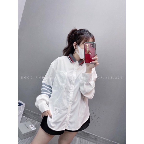 Áo sơ mi Thoms Browne viền cổ vạch tay