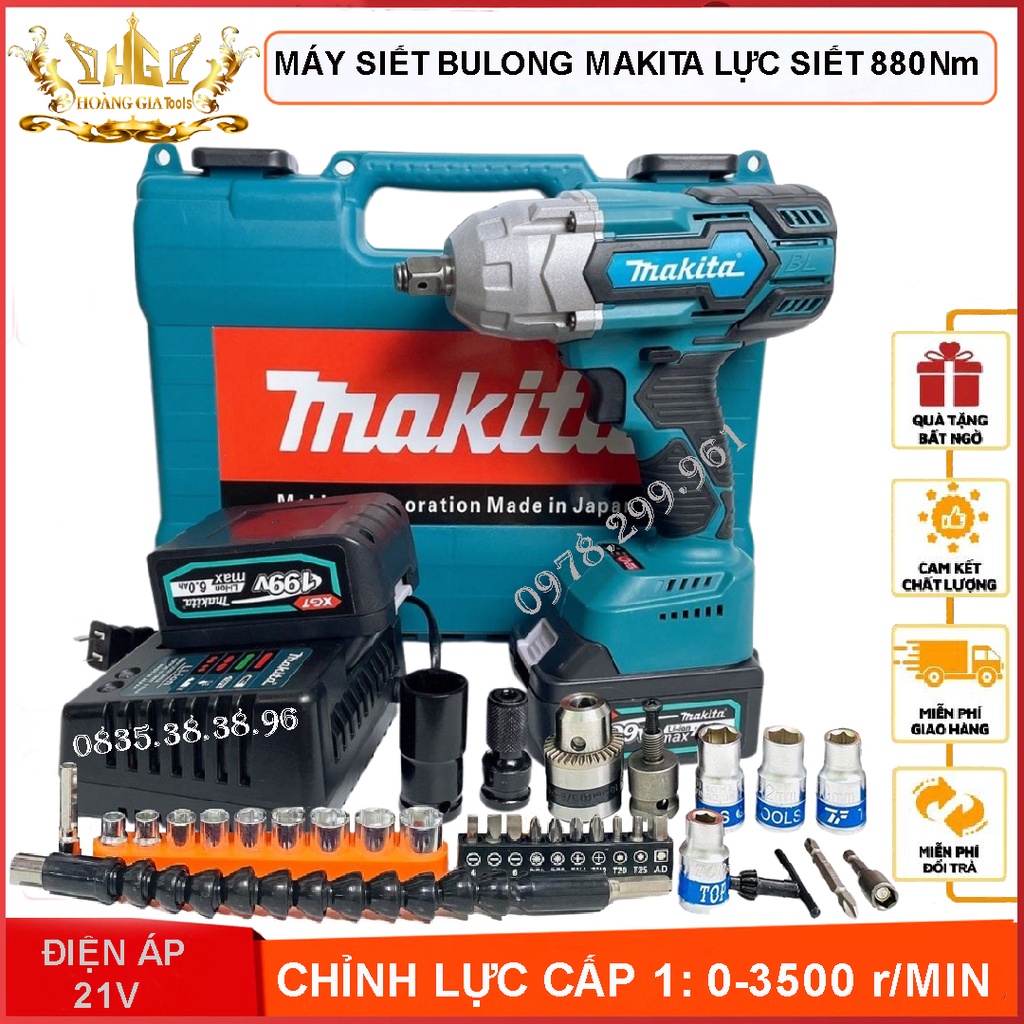 Máy Siết Bulong MA.KI TA Máy Bắn Ốc Vặn Vít Lực Siết Khỏe 880Nm Đầu Đặc 1/2 Động Cơ Không Chổi Than