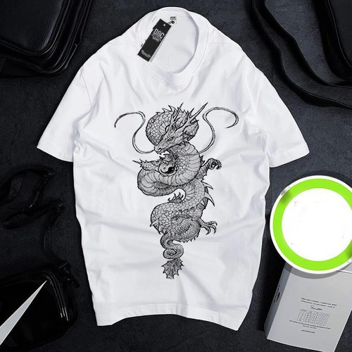 Áo thun Cotton Unisex - 12 Con Giáp - Tuổi Thìn - Hình vẽ rồng trắng đen