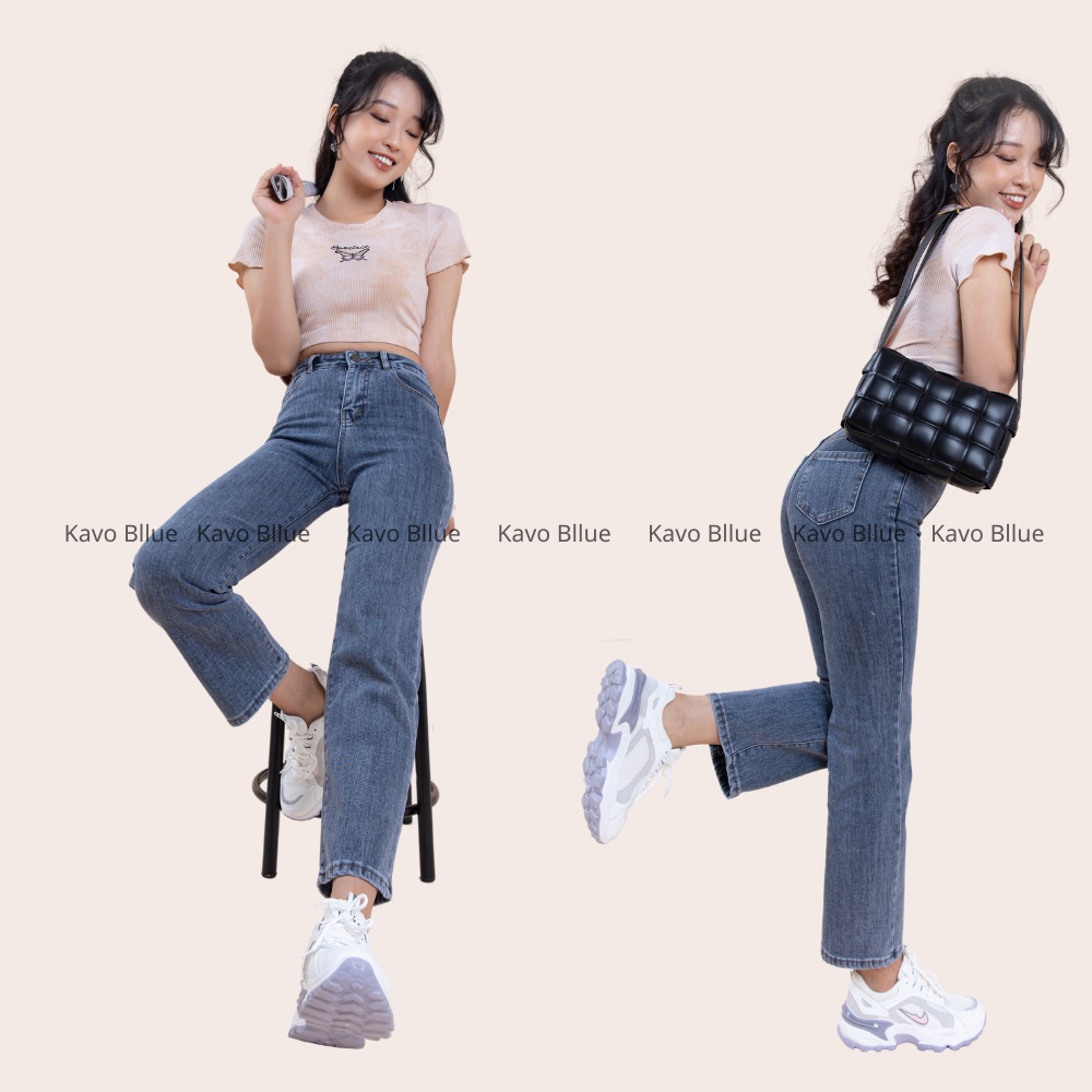 Quần Jeans Nữ Ống Đứng Ghi Đá Co Giãn Hàn Quốc KAVO BLUE Lưng Cao Ống Suông D61