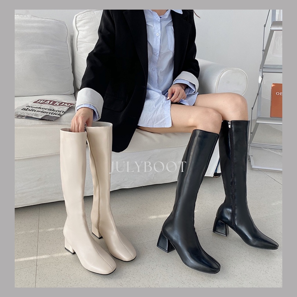 (SẴN) Boots Lửng Ulzzang Da Cổ Cao Dưới Gối Có Khoá Kéo Gót Vuông 6 Phân Da Dày Mịn Đẹp