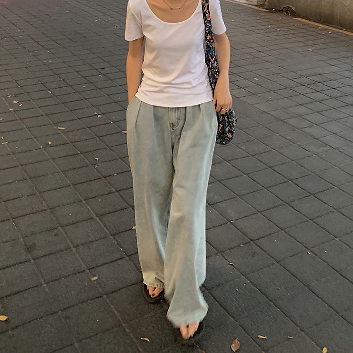 Quầnjeandài ống rộng lưng cao phong cách retro cho n