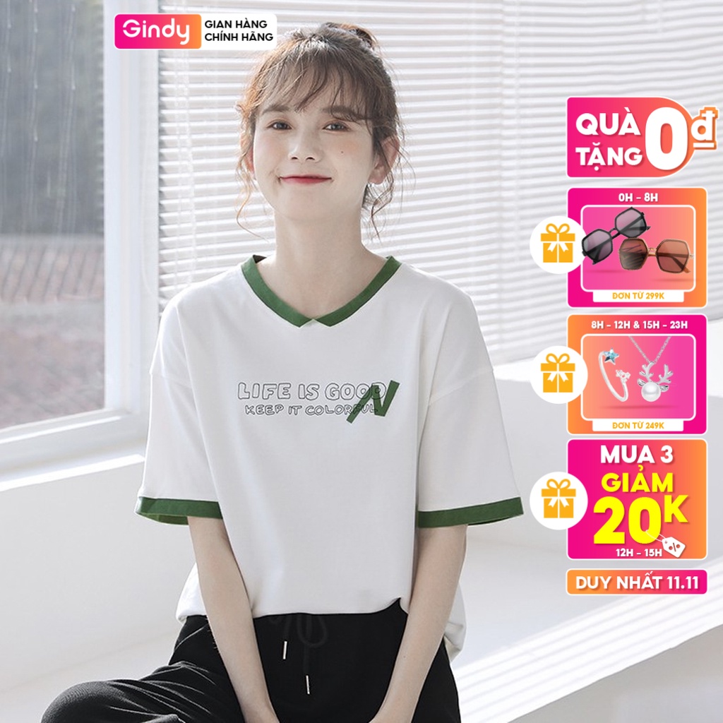 Áo thun nữ form rộng tay lỡ cổ tròn GINDY Life phông dáng basic unisex chất liệu cotton co giãn thoáng mát A6174