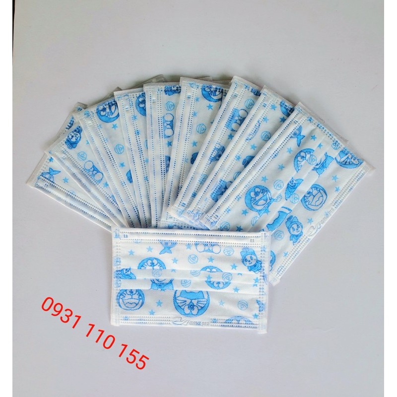 Hộp 50 cái khẩu trang y tế trẻ em 4 lớp giấy kháng khuẩn Famapro Nam Anh hình Doremon xanh