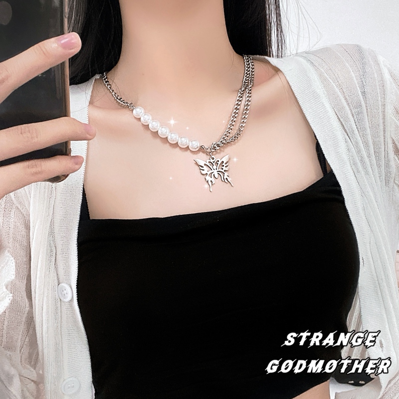 BUTTERFLY vòng cổ Kim Loại Mặt Hình Bướm Đính Ngọc Trai Phong Cách Hip Hop
