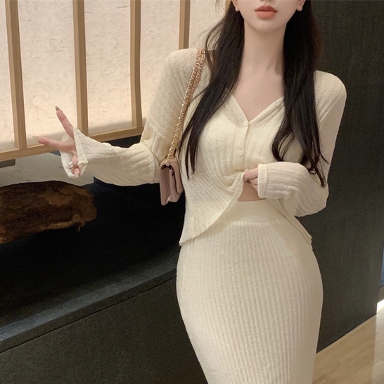 Bộ Áo Khoác Cardigan Dài Tay Chống Nắng Dáng Rộng + Chân Váy Eo Cao Thời Trang Mùa Thu Phong Cách Hàn Quốc Cho Nữ