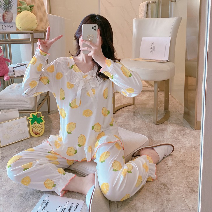 SUGEMIUSI Đồ ngủ tay dài vải mỏng thiết kế xinh xắn thời trang cho nữ
