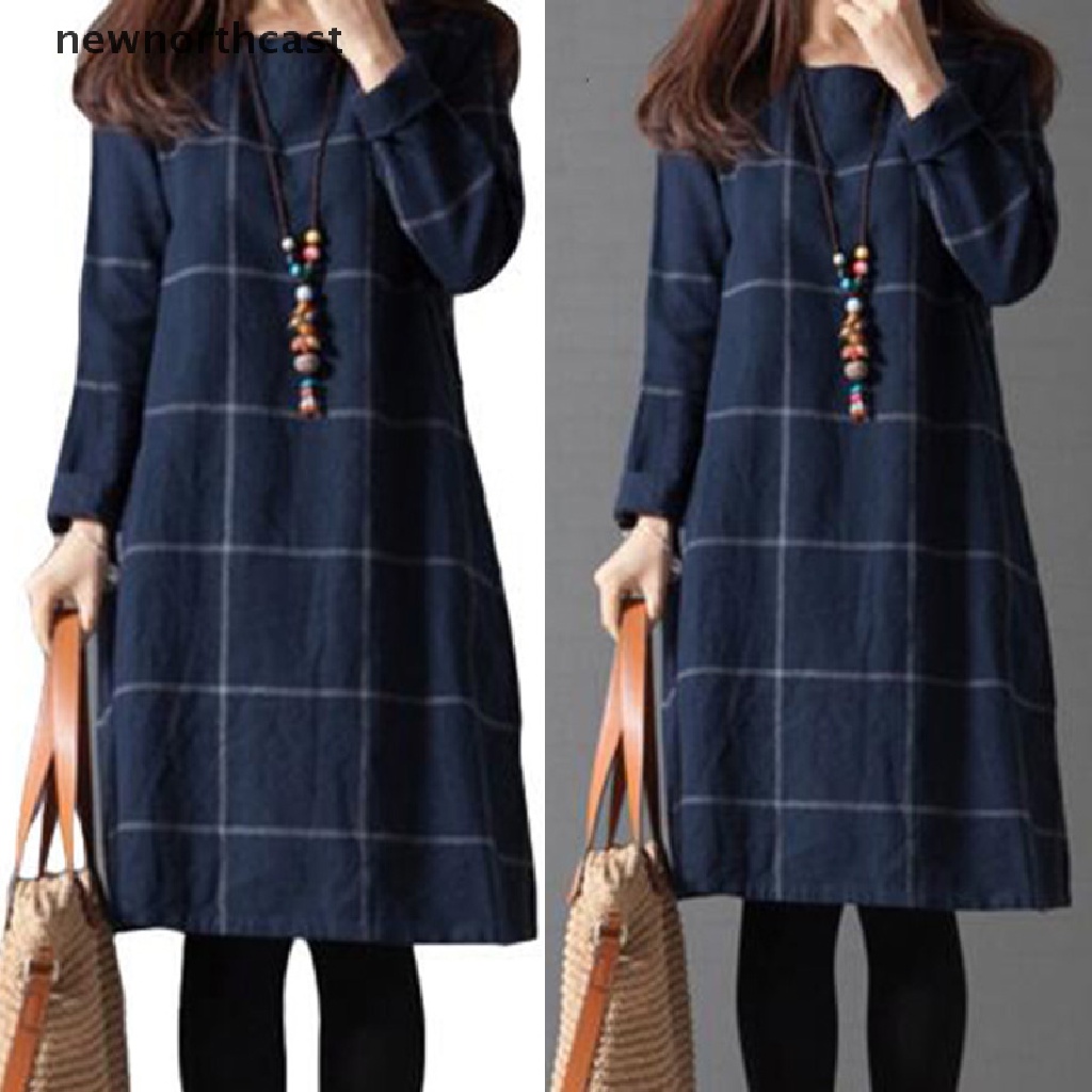 Đầm midi tay dài họa tiết sọc caro plus size cho nữ
