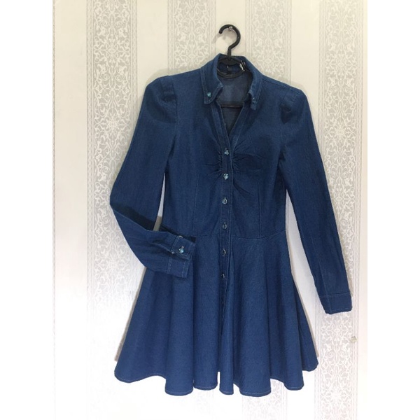 Váy Đầm jean sơ mi 2hand, phom xòe, tay phồng dài