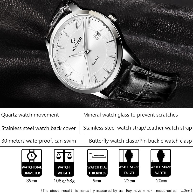 【Official product】WISHDOIT Men's simple casual watch leather quartz watches Fashion business watch Waterproof swimming Calendar functions Couple watch