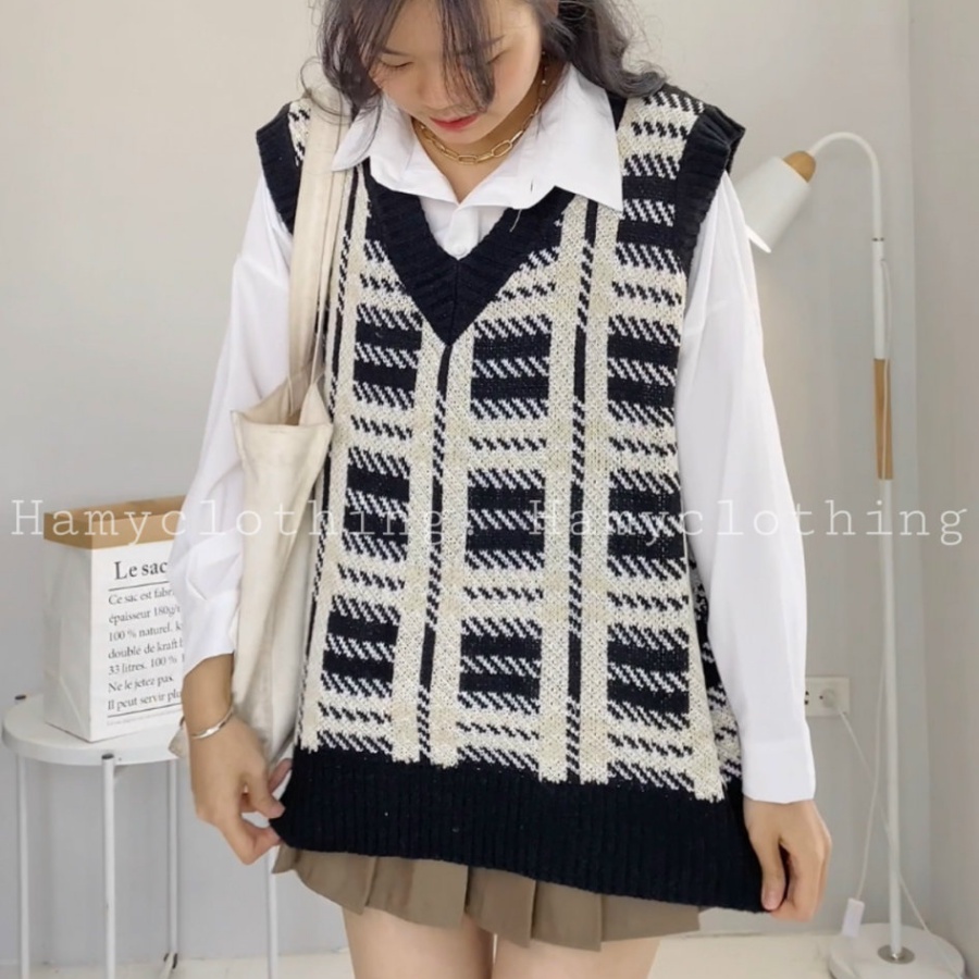 Áo Gile nữ HAMY A-28 vải len họa tiết kẻ ô vuông dáng suông