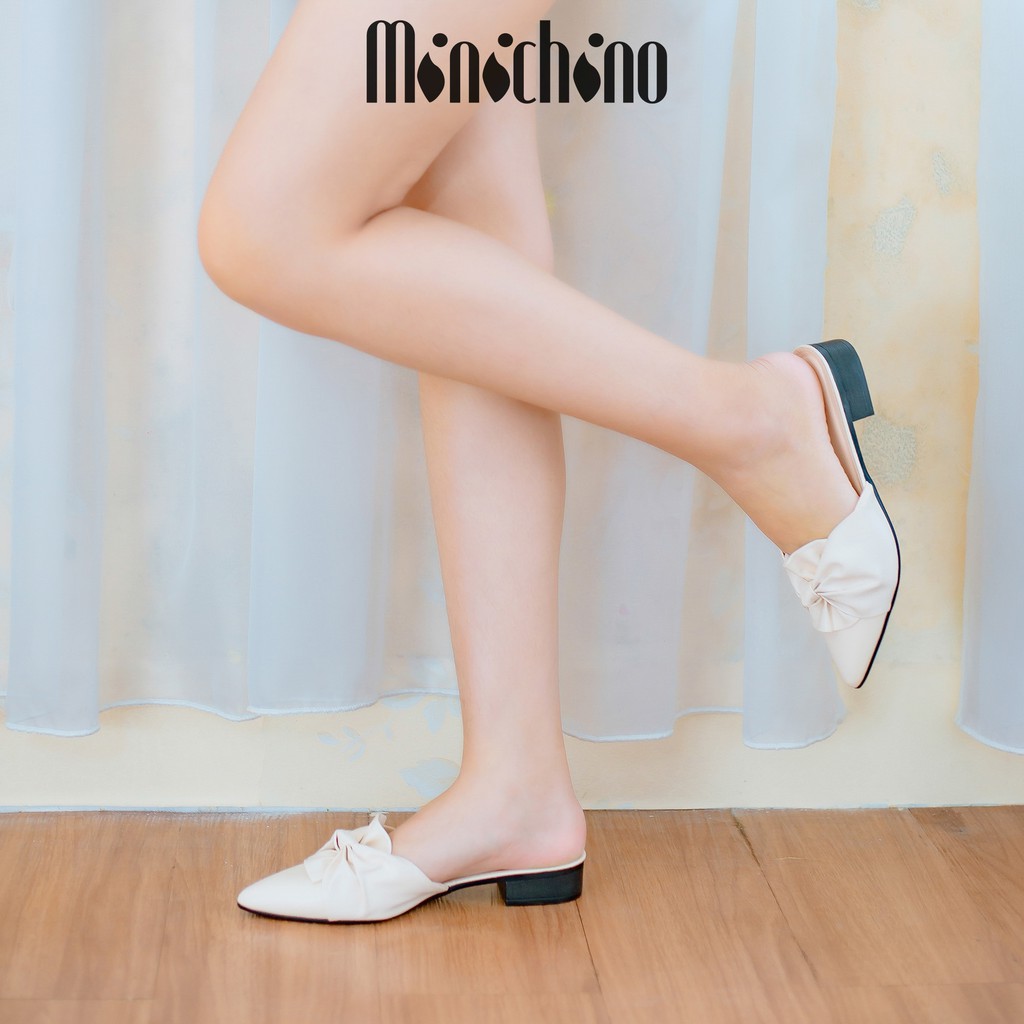 Giày sục nữ gót cao 3cm MINICHINO xoắn nơ mũi nhọn thời trang hở gót màu đen TC019 | BigBuy360 - bigbuy360.vn