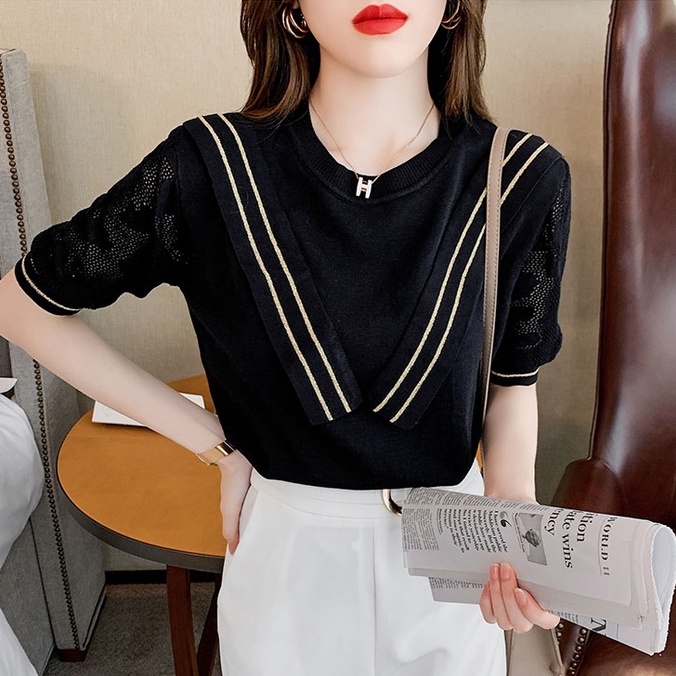 Áo kiểu ZHELIHANGFEI tay ngắn vải lụa thoáng mát phong cách mùa hè thời trang cho nữ