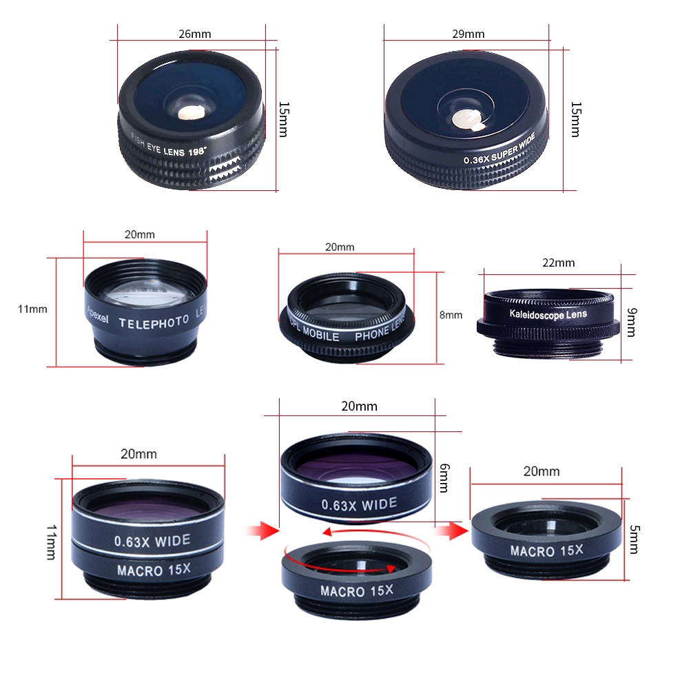 APEXEL 7 trong 1 Điện thoại ống kính Lens Kit Fisheye siêu Wide Angle Lens vĩ mô CPL Lọc Kaleidoscope và kính viễn