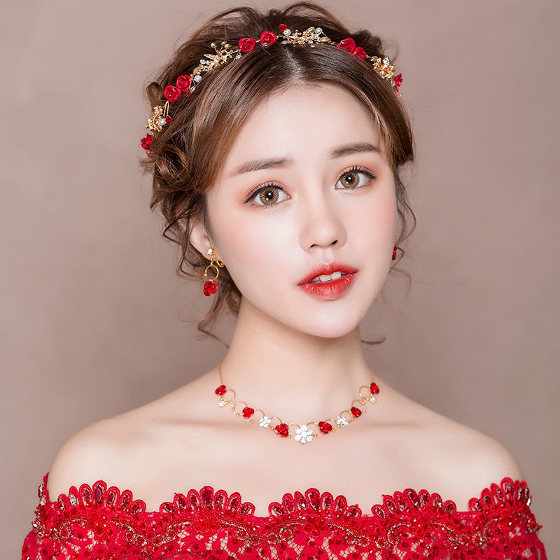 Phụ kiện cài tóc cô dâu màu đỏ phong cách Hàn Quốc đơn giản