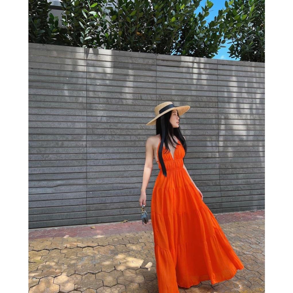 Đầm maxi cam 3 tầng hở lưng chất đũi tơ có cup ngực