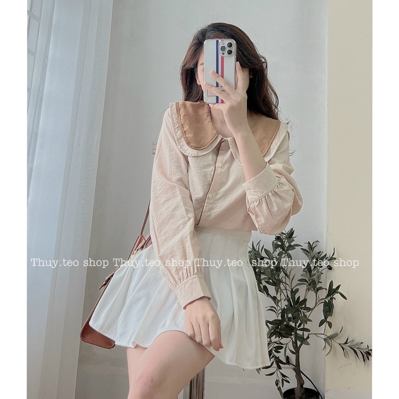 [Hàng sẵn] ÁO SƠ MI NỮ DÀI TAY PHA CỔ VIỀN CHẤT ĐŨI