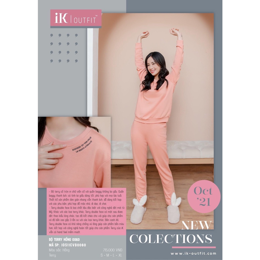 Bộ đồ mặc nhà thu đông IK. SET đồ Terry cổ tròn cao cấp, thiết kế kiểu dáng dài thu đông trơn đơn giản, dễ mặc | BigBuy360 - bigbuy360.vn