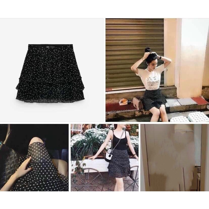 (Size S &lt;48kg) CHÂN VÁY CHẤM BI A NHÚN TẦNG cho Nữ - Chân váy ngắn chấm bi màu đen