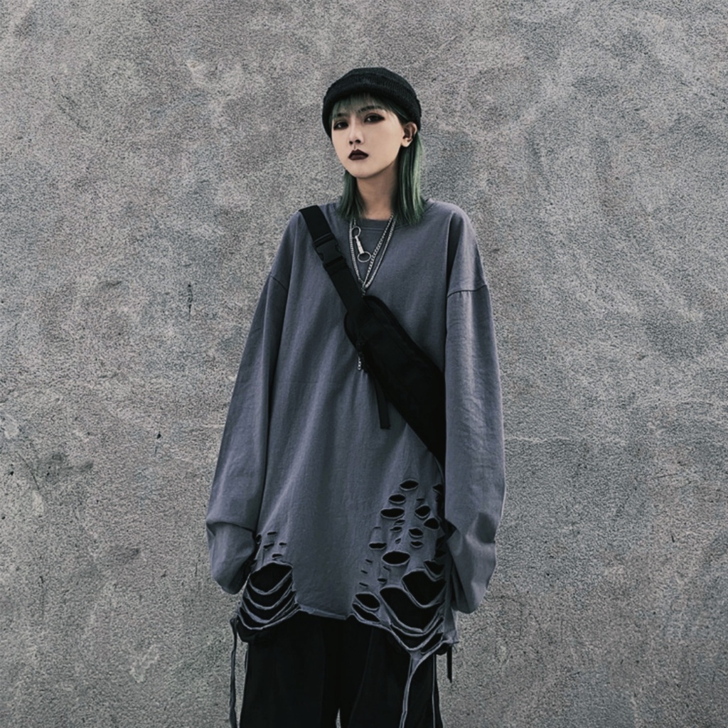 Áo thun dài tay 95% cotton rách gấu tạo layer màu basic hip hop unisex nam nữ