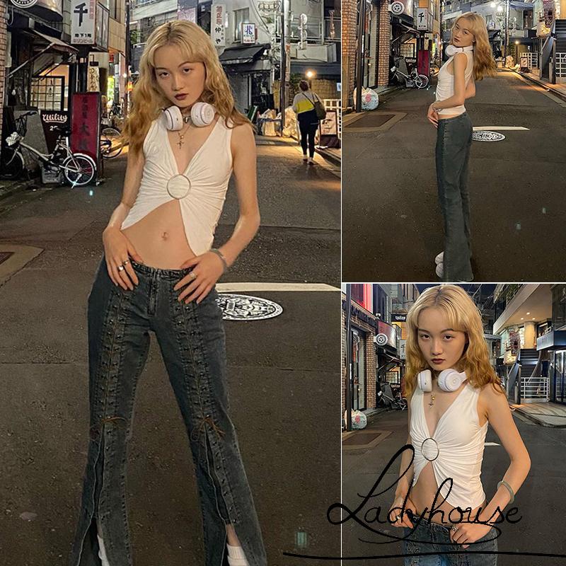 Áo Sát Nách Cổ Chữ V Hở Rốn Xếp Ly Màu Trơn Thời Trang Cho Nữ