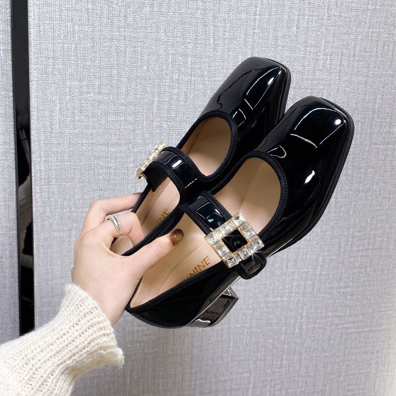 Giày búp bê 5 phân khuy đá dán ngang sườn và họa tiết đá trắng 779 G22