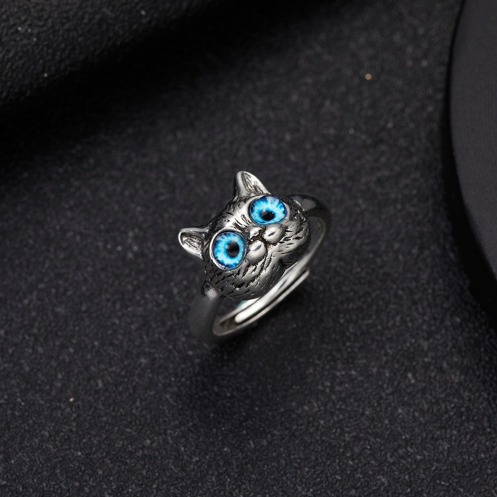 Nhẫn Hở Hình Mèo Mắt Xanh Dương Dễ Thương Có Thể Điều Chỉnh Màu Bạc Phong Cách Gothic Cho Nữ