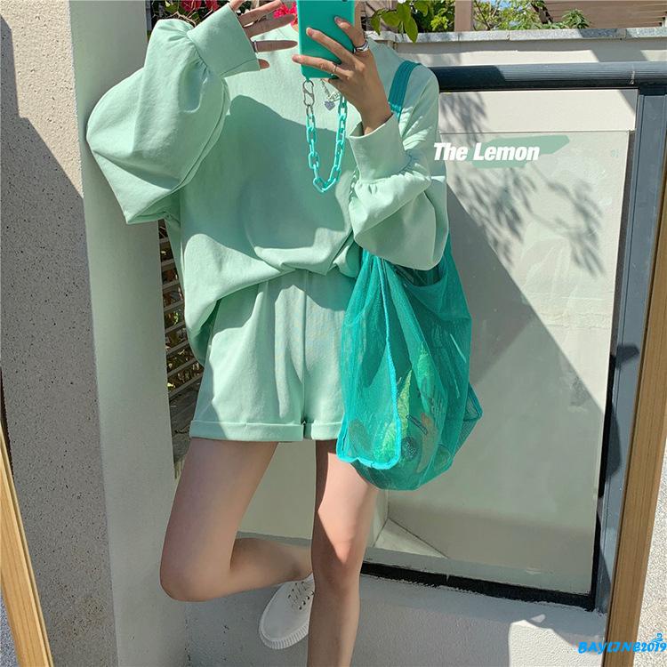 Set áo thun tay dài cổ tròn dáng rộng màu sắc đơn giản dành cho nữ