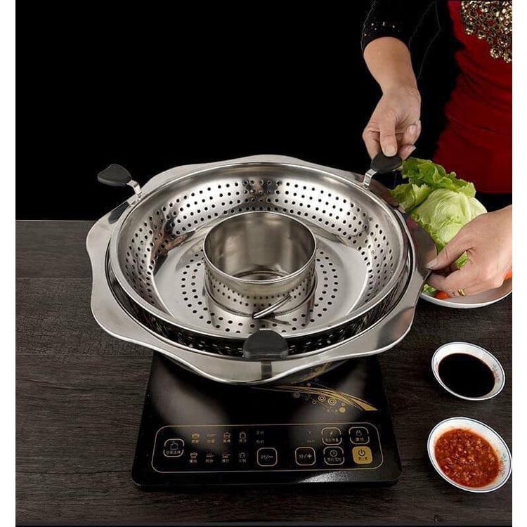 Nồi lẩu xoay inox 2 tầng Hàn Quốc size 32cm dùng được cho cả bếp ga và bếp từ