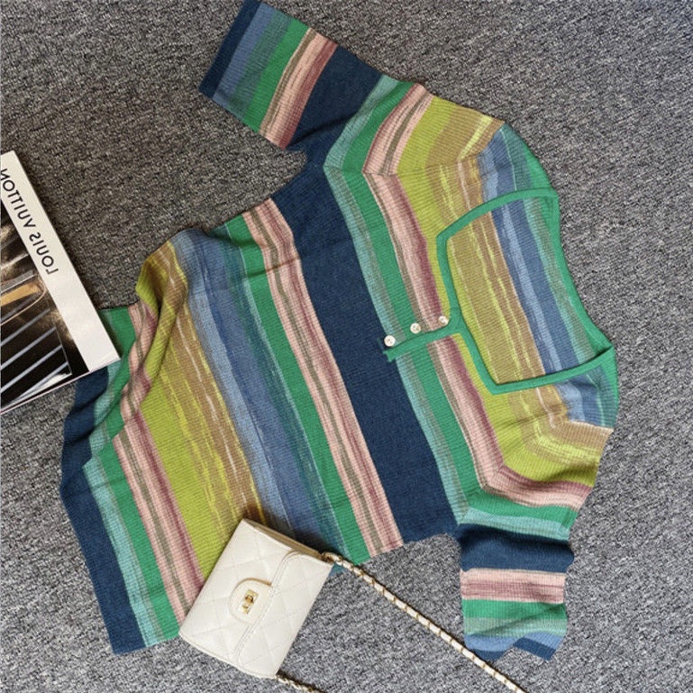 COZOK Áo Thun Dệt Kim Ngắn Tay Cổ Vuông Họa Tiết Sọc Cầu Vồng Cá Tính