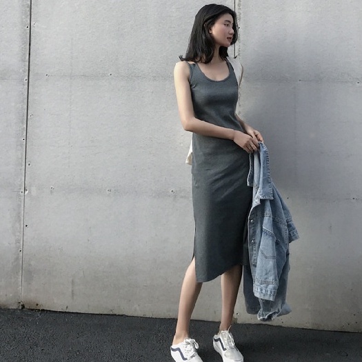 WANGJIAOZHAN Đầm Sling Thời Trang Dài Slit Mỏng Có Chiều Dài Trung