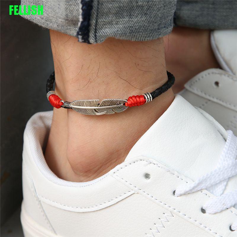 Vòng Đeo Cổ Chân Bằng Da Đính Lông Vũ Phong Cách Boho Thời Trang Cho Nam