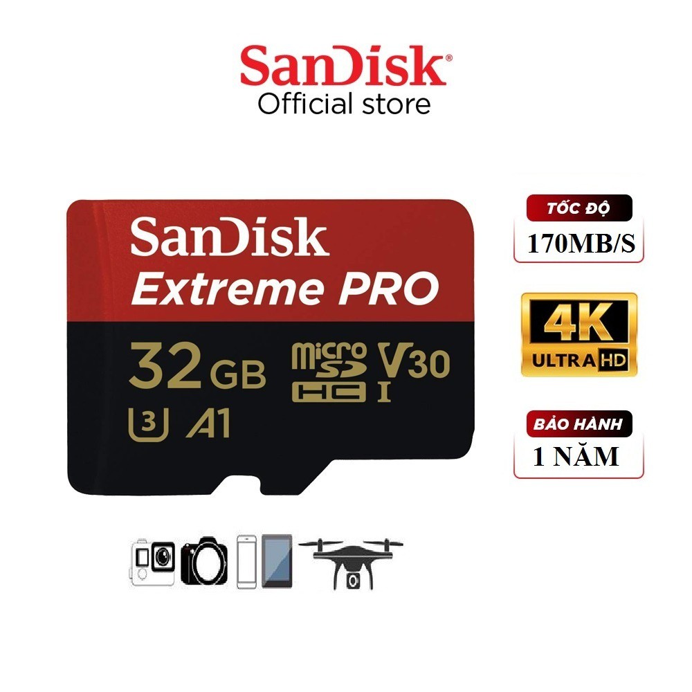 Thẻ nhớ San - Dick MicroSD Extreme Pro Class10 V30 A1/A2 4K upto tối đa 170mb/s + Kèm apdater - Tốc độ siêu cao