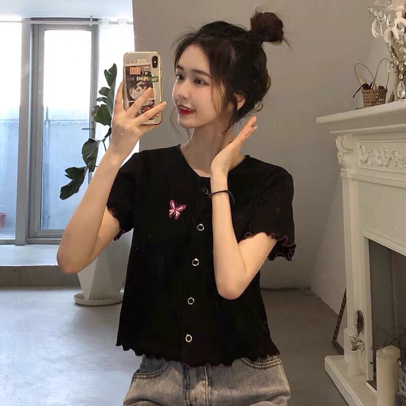 (Hàng QC) ÁO CROPTOP CÚC CÀI THÊU BƯỚM XINH 4 MÀU - ÁO THUN KIỂU BUTTERFLY TÍM XANH XÁM ĐEN VIỀN BÈO