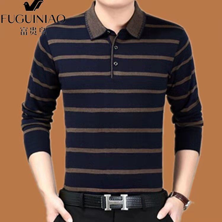 ♛̅Fuguiniao Áo thun cotton dài tay cổ bẻ màu trơn cỡ lớn thời trang xuân thu cho nam trung niên