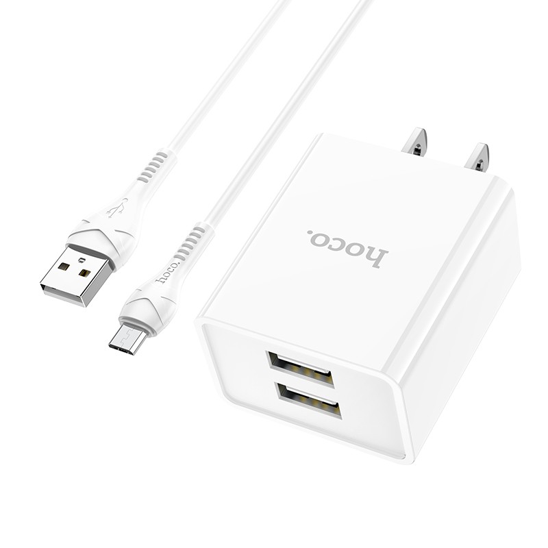 [Thoto Store] Bộ sạc nhanh HOCO C89 kèm cáp iPhone/ Micro/ Type-C, đầu ra 2 cổng USB dòng tối đa 2.1A - Hàng chính hãng