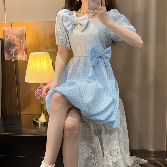 Đầm Tay Phồng Cổ Vuông Thắt Nơ Ngọt Ngào Hàng Mới Dành Cho Nữ