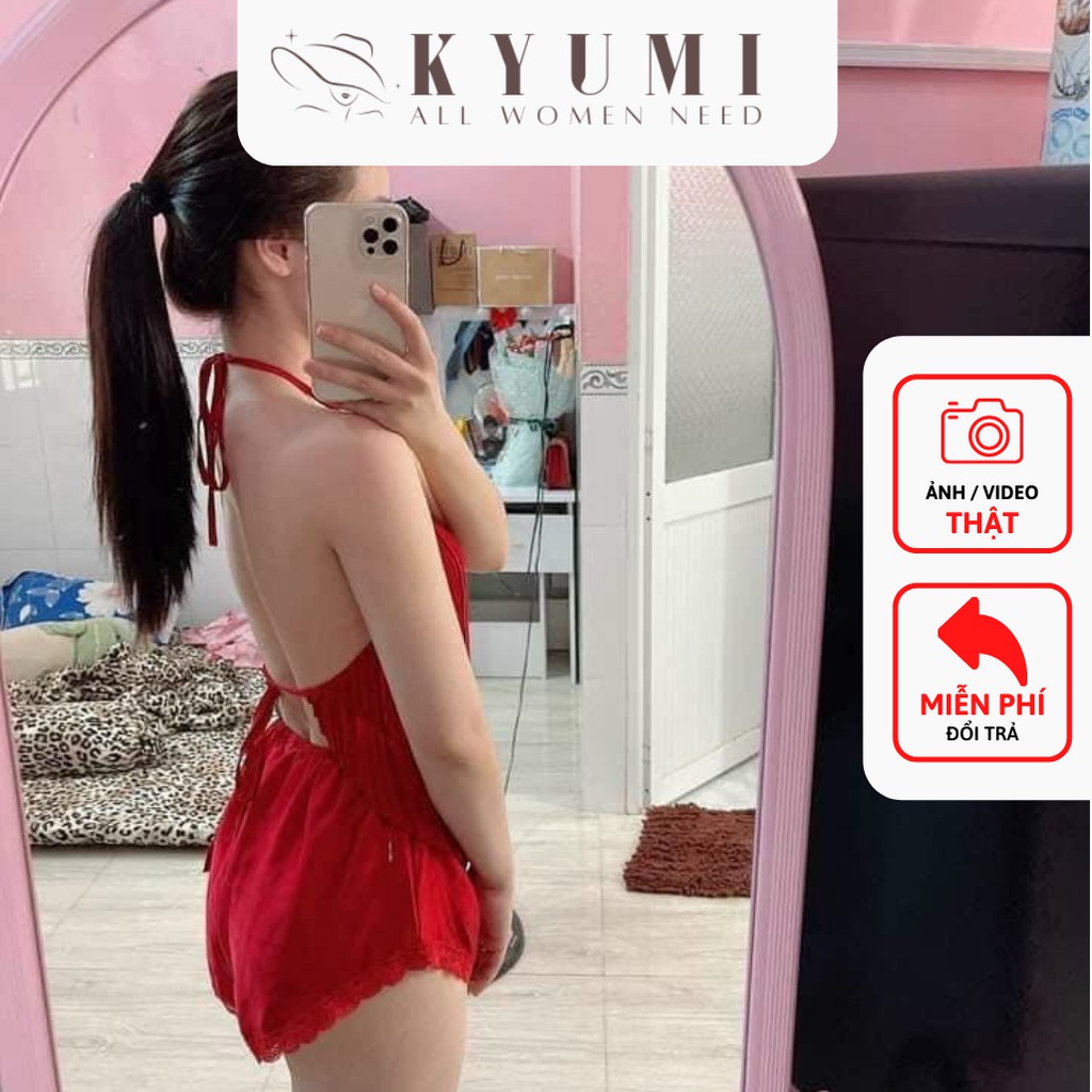 Đồ ngủ sexy yếm dập ly KYUMI Official, chất liệu lụa satin, freesize 40-65kg tùy chiều cao, kèm quần ren gợi cảm 001 | BigBuy360 - bigbuy360.vn