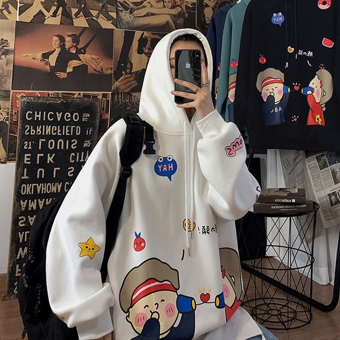 Áo hoodie dáng rộng in họa tiết hoạt hình phong cách hàn quốc thời trang cho nam