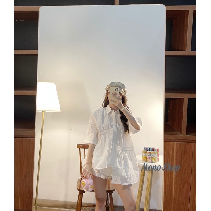 [Mã SKAMLTSM9 giảm 10% đơn 99K] Áo sơ mi cộc tay vạt lệch nhún cách điệu, áo babydoll nhún eo (ảnh thật/sẵn)