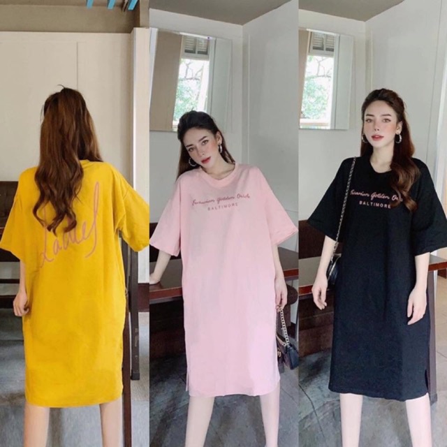 Đầm suông chất cotton in chữ LADIES dáng dài - Váy thun co dãn ngủ from rộng bầu bí bon chen