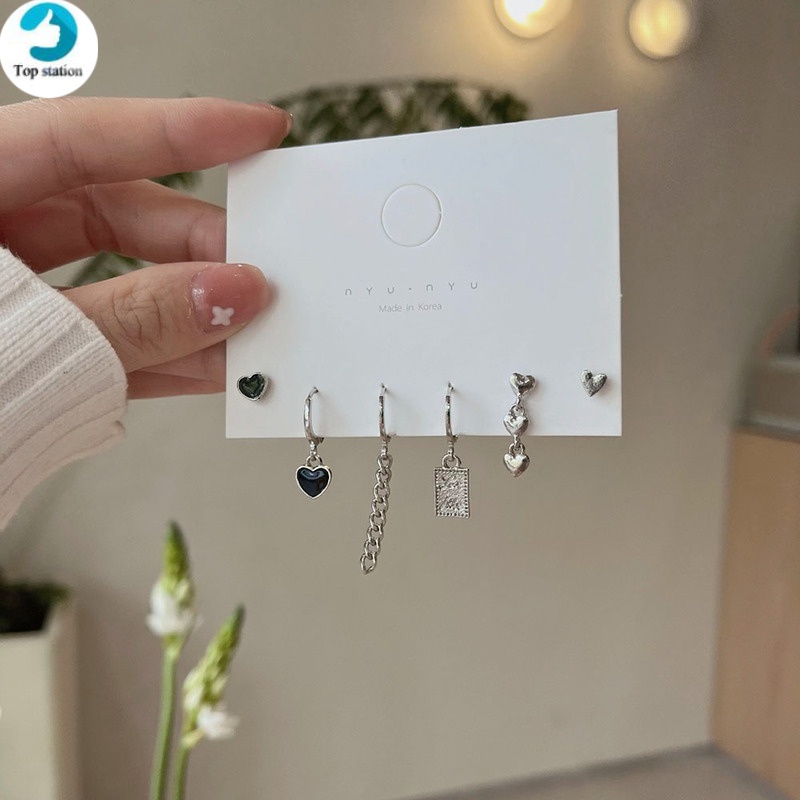 Set 6 Khuyên Tai Nhiều Kiểu Dáng Màu Đen Phong Cách Retro