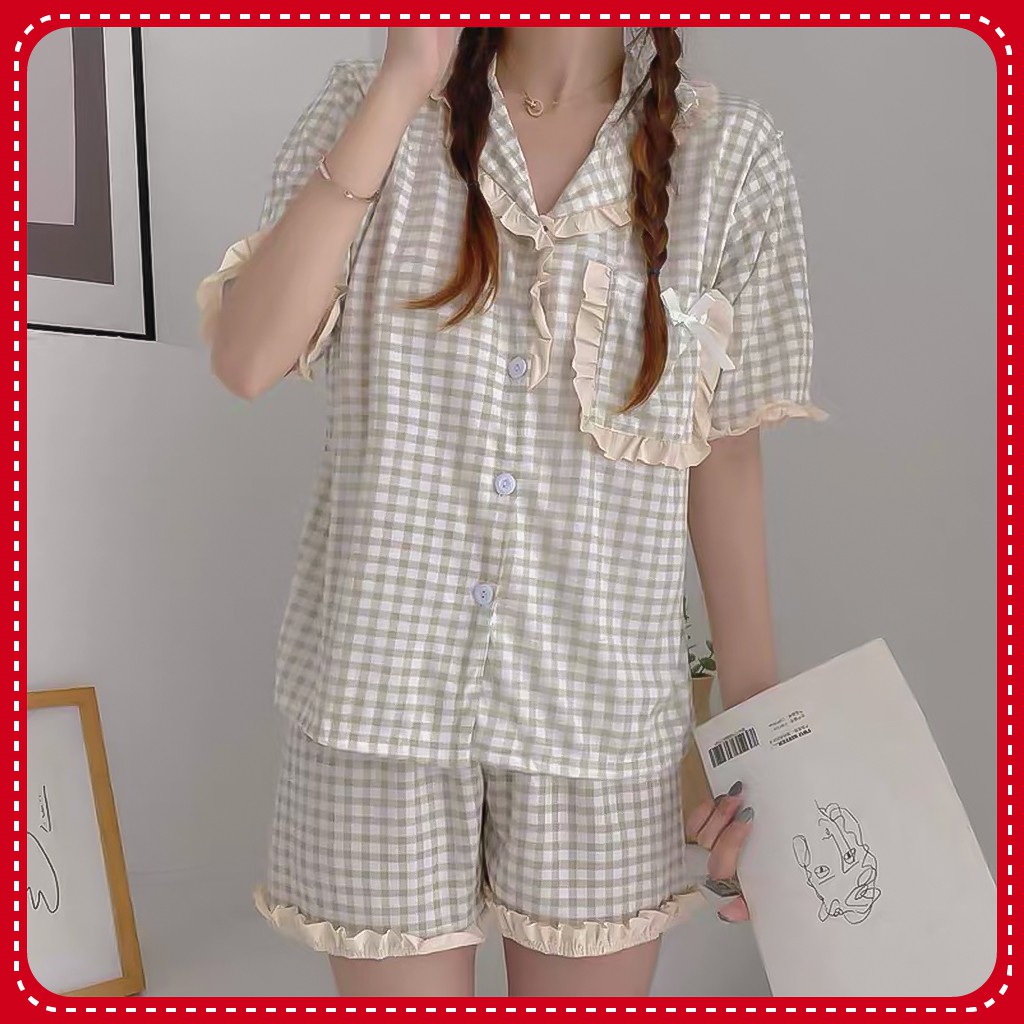 Đồ Ngủ Pijama Ngắn Tay, Bộ Ngủ Kẻ Caro Nhẹ Nhàng Ulzzang Hot Trend