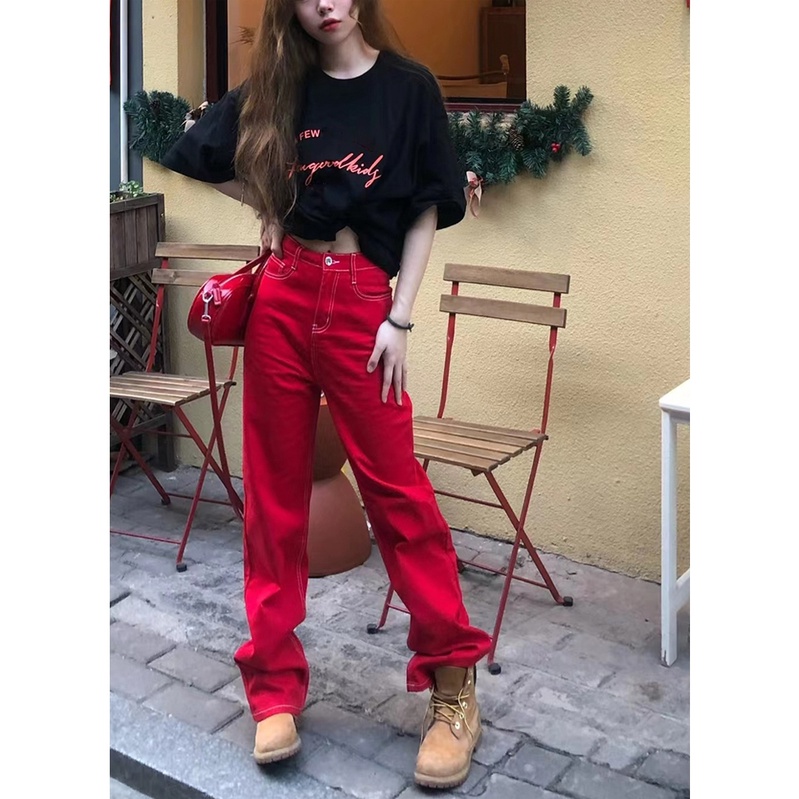 Quần jeans đỏ ống suông rộng chỉ trắng (ảnh thật cuối)
