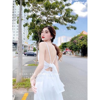 Đầm tơ đũi 2 dây đan nơ lưng